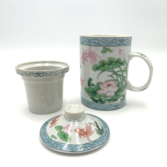 Hand-Painted Porcelain Tea Mug W/ Lid & Infuser - Lotus, Coy Fish, Lily Pad MCM - Picture 1 of 10